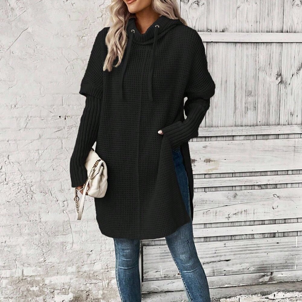 Black Casual Women's Drawstring Hooded Sweater